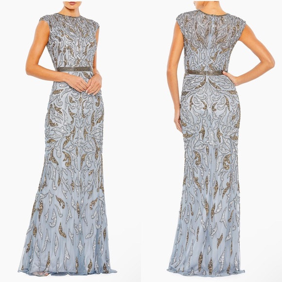 Mac Duggal 5532 Jewel Neckline Embellished Illusion Cap Sleeve Column Gown - Picture 1 of 13